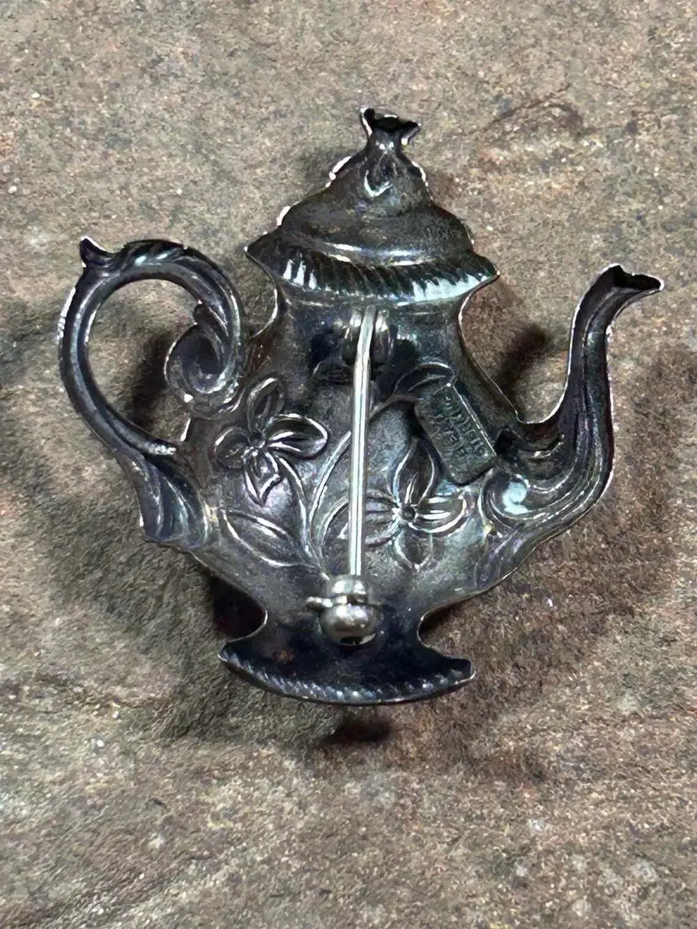 Beau Vtg Sterling Silver  Floral Teapot Pin Brooch